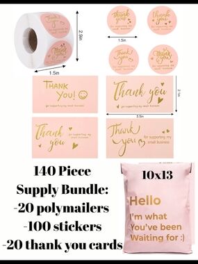 Small Business Packaging Bundle 20 Polymailers 100 Stickers 20 Cards Pink & Gold